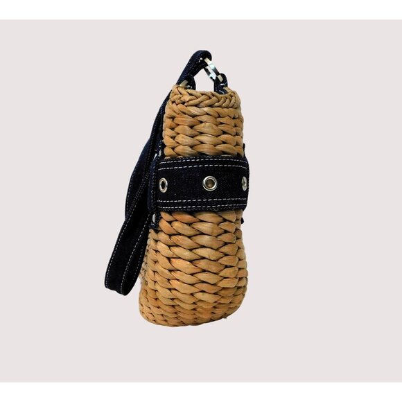Randolph Duke The Look Straw Shoulder Bag Denim Belt Accents Blue Tan Purse - Picture 6 of 8